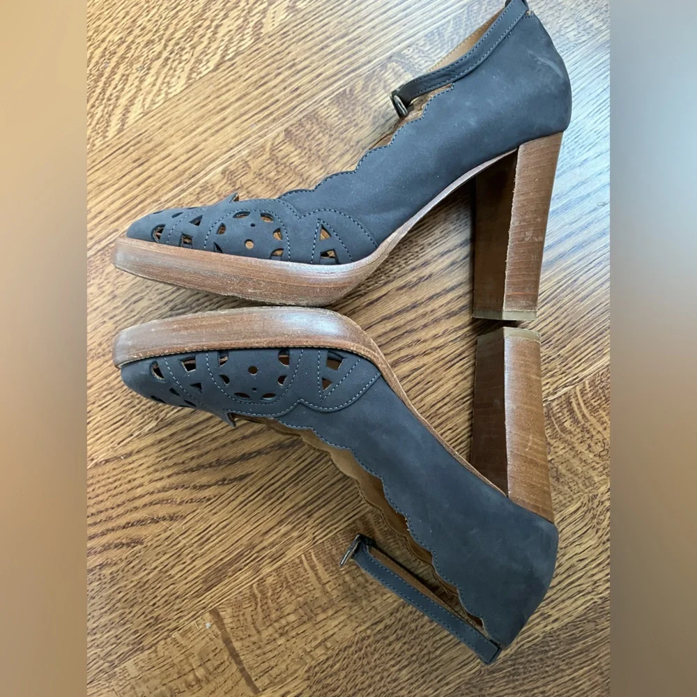 Hobbs London suede Leather heels Italy Coquette scallop romantic garden party 39